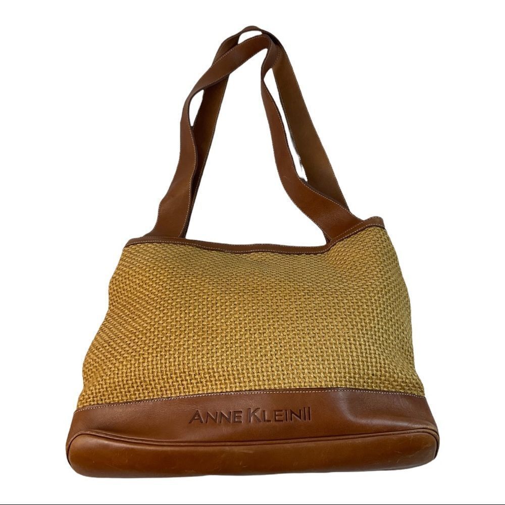 Anne klein Women Vintage Tan Beige/ Gold Chevron Weave and Leather Satchel.